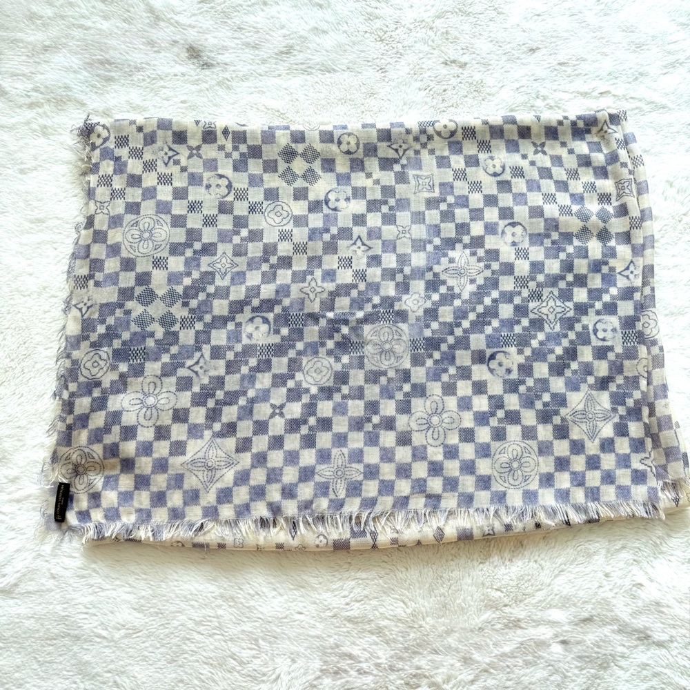 LOUIS VUITTON Cashmere Silk Damier Azur Monogram Print Scarf Authentic